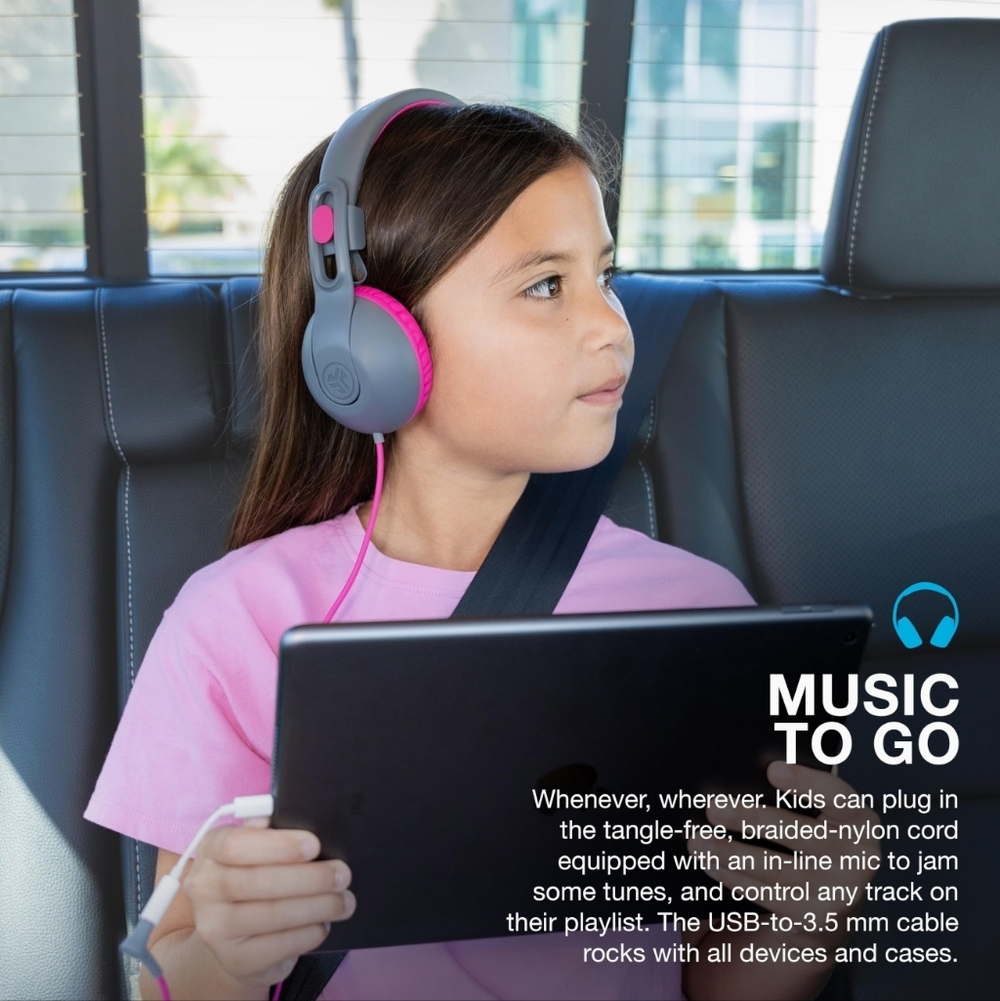 JLab JBuddies Studio 2 On-Ear Kids Wired Headphones, Grey/Pink, Kid Safe, - Picture 7 of 7